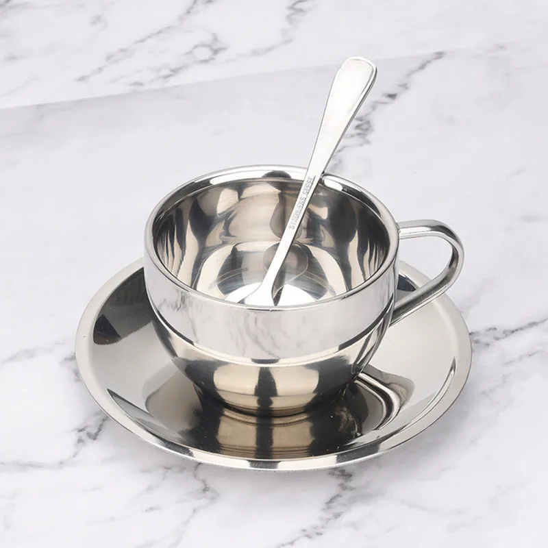 Double-Deck Thermal Insulation Coffee Cups Set Stainless Steel Metal CIQ Milk Mug with Saucer Mat Spoon Tea Cups for Office Use