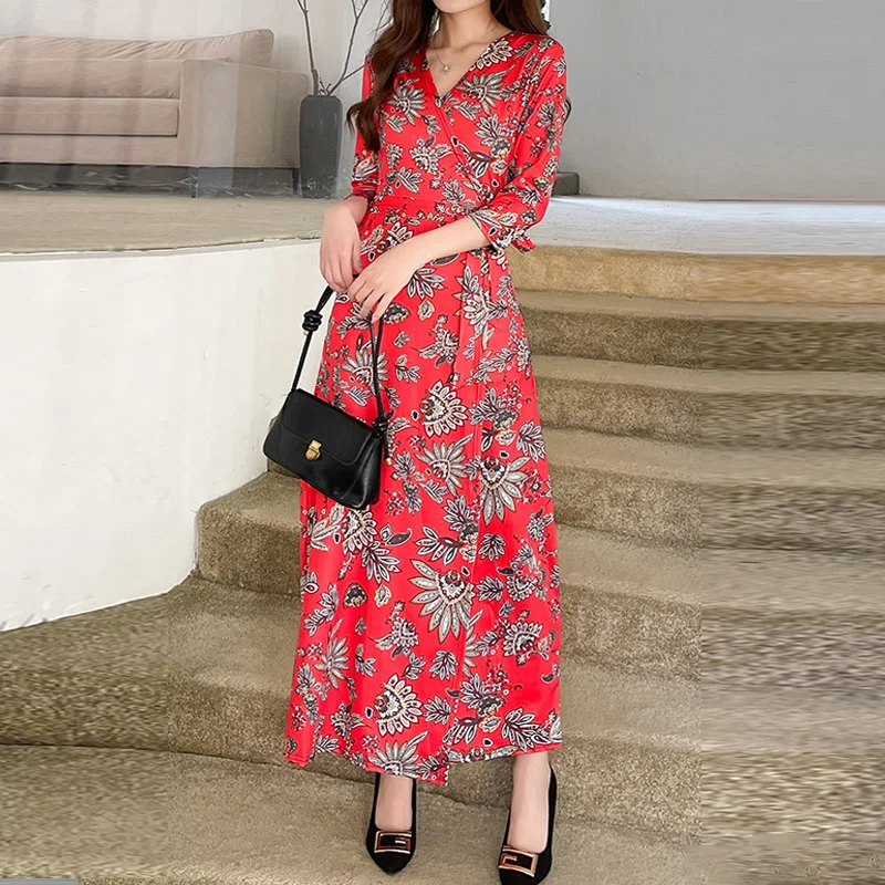 

FANIECES Vintage Luxury Floral Print Red Women Wrap Long Dresses Autumn 3/4 Sleeve Sexy V Neck Loose Maxi Dress Party Vestidos