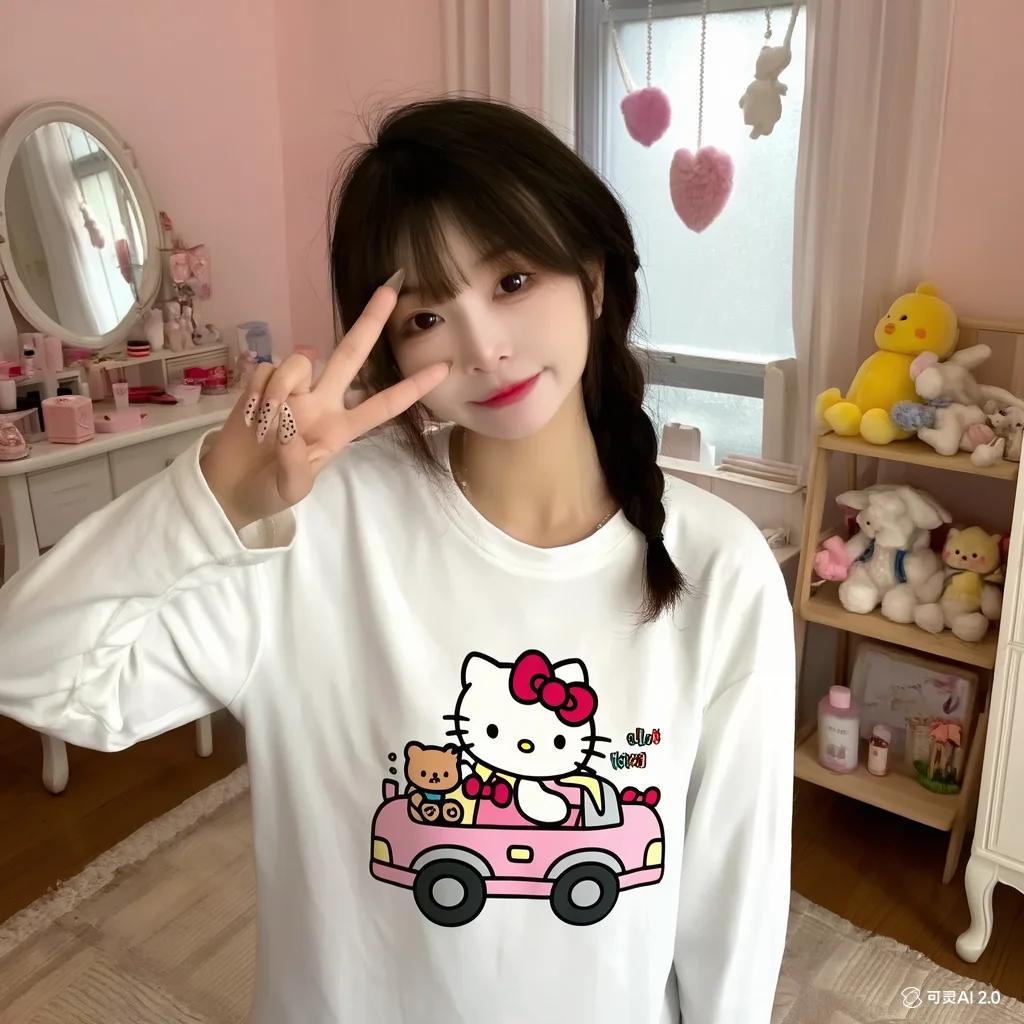 Hello Kittys Frische Literatur, runder Kragen, süßer Kawaii-Trend, koreanische Version, Literatur, Retro, lange Ärmel, Druck, All-Match