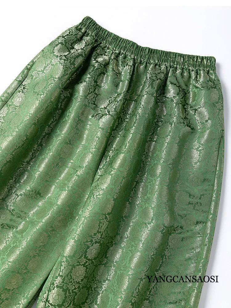 30MM Heavyweight Woven Gold Natural Mulberry Silk Jacquard Satin Elastic Waist Women's Loose Casual Harem Pants