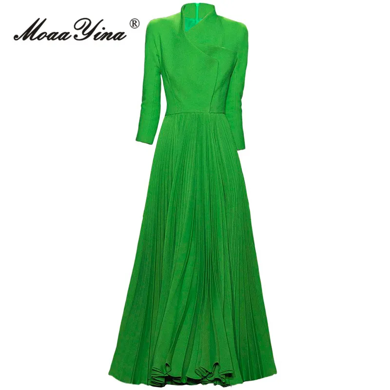 MoaaYina Autumn Fashion Designer Green Vintage Party Dress Women's Stand Collar Button High Waist Slim A-LINE Pleated Long Dress