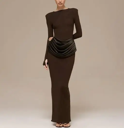 

2025 Autumn/winter New Women's Solid Color Temperament Long Sleeved Pleated Slim Fit Waist Hugging Long Dress