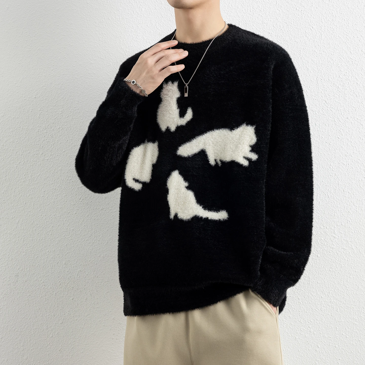 

Мужской свитер в американском ретро-стиле с узором, утепленный, с круглым вырезом, вязаный, теплый, для ношения под одеждой, зимний, осенний, модный.