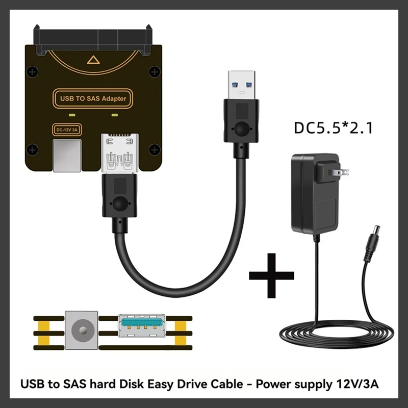 SFF-8482 SAS 29Pin to 5Gbps USB 3.0 Hard Disk Drive Adapter Card with Power Port with 12V/3A Power Supply US PLUG