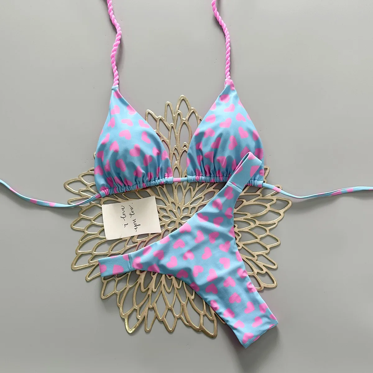

Beach Outfits Woman Bikini Triangle Top Light Blue Base Bikinis Women's 2-piece Sets Swimwear Twisted Straps Two Piece Swimsuit