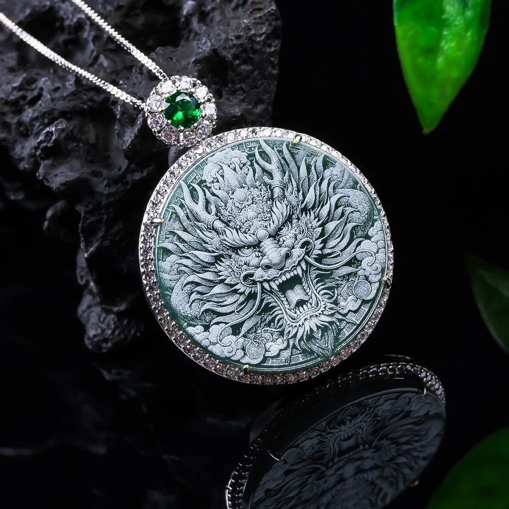 

Myanmar Jadeite Dragon Pendant Necklace Talismans Gemstone Real Jade Vintage 925 Silver Luxury Natural Jewelry Gifts for Women