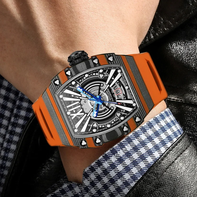 

HANBORO Men Automatic Watch Luxury 50mm Tonneau Mechanical Wristwatch Luminous 50M Waterproof Carbon Fiber Bezel