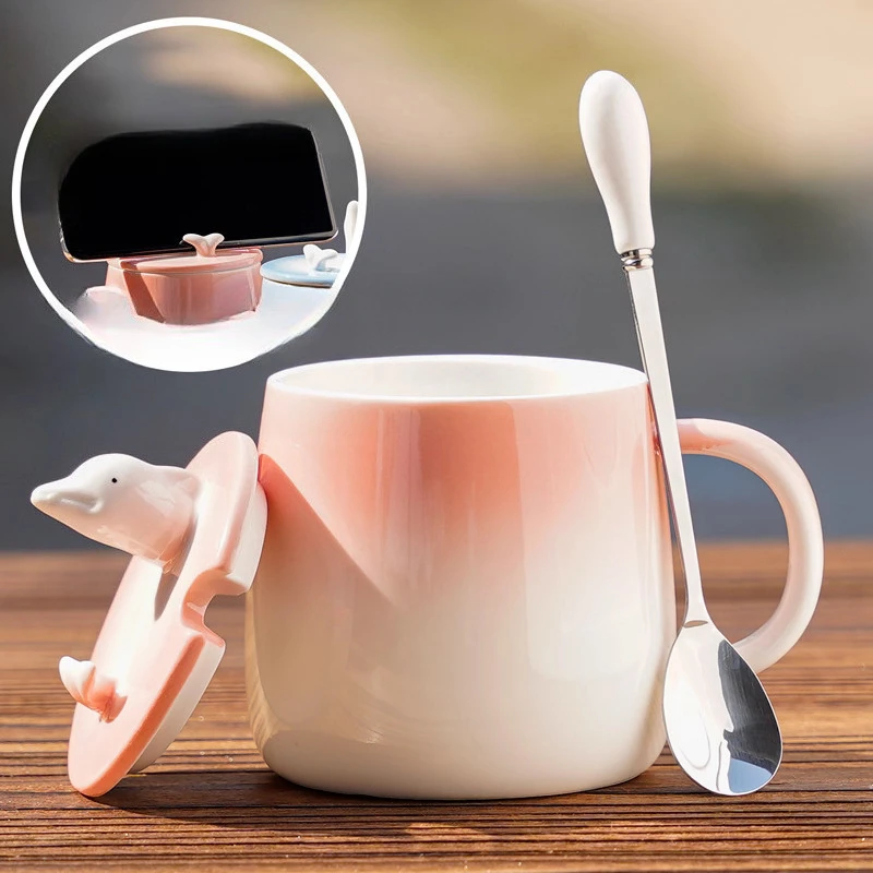 Chinese Style Ceramic Mug, Home Personal Office Goods, Creative Dolphin Shaped With lid Spoon, Milk Water Coffee Cup, 400ml, 1Pc
