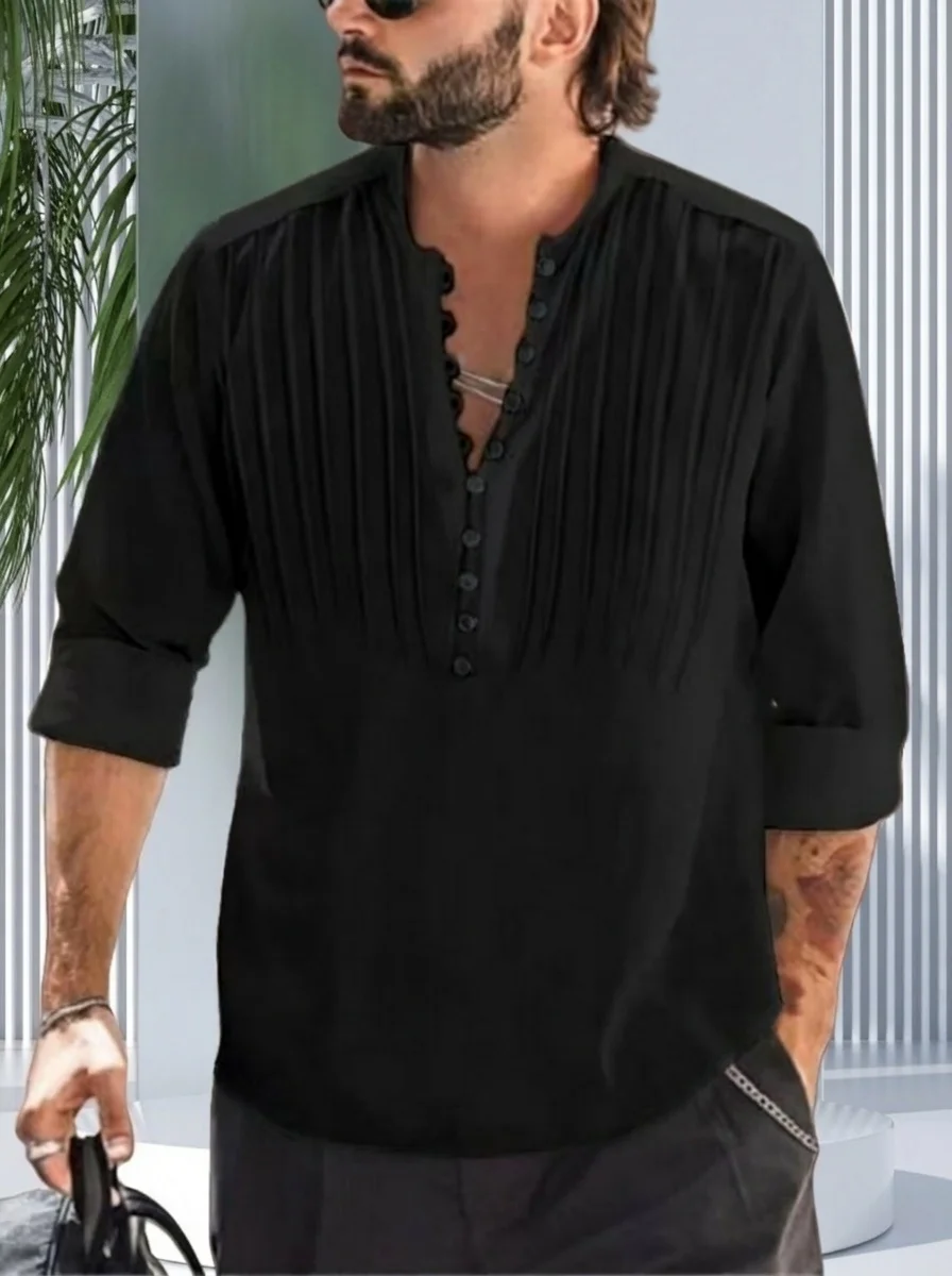 Spring and Autumn New Style Men's Casual Fashionable Long-Sleeved Shirt, Plain Color Comfortable Multi-Pleated Shirt
