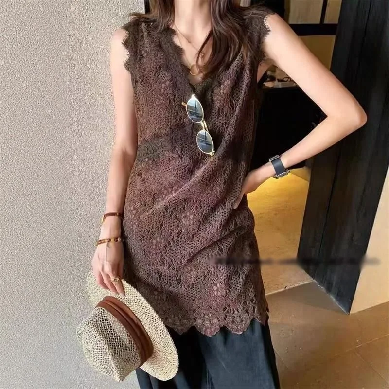 Abito senza maniche in pizzo con scollo a V trasparente a uno strato Primavera Estate Donna Abiti copricostume sexy scavati in cammello nero caffè