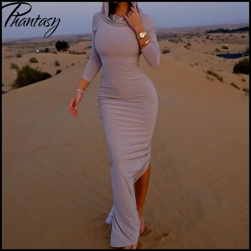 

Female Dress Long Sleeve Sheath Robe Sexy Split Hip Wrap Skirt Hooded Women Dress Up Solid Streetwear Y2K Wopmen Clothing