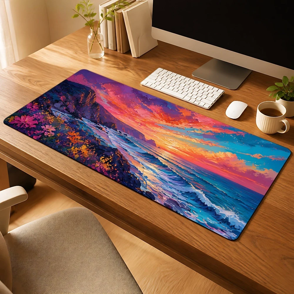 Blue Orange Coast Sunset Waves Scenic Mouse Pad, with anti-slip design,suitable for office desks, desktop decoration accessories