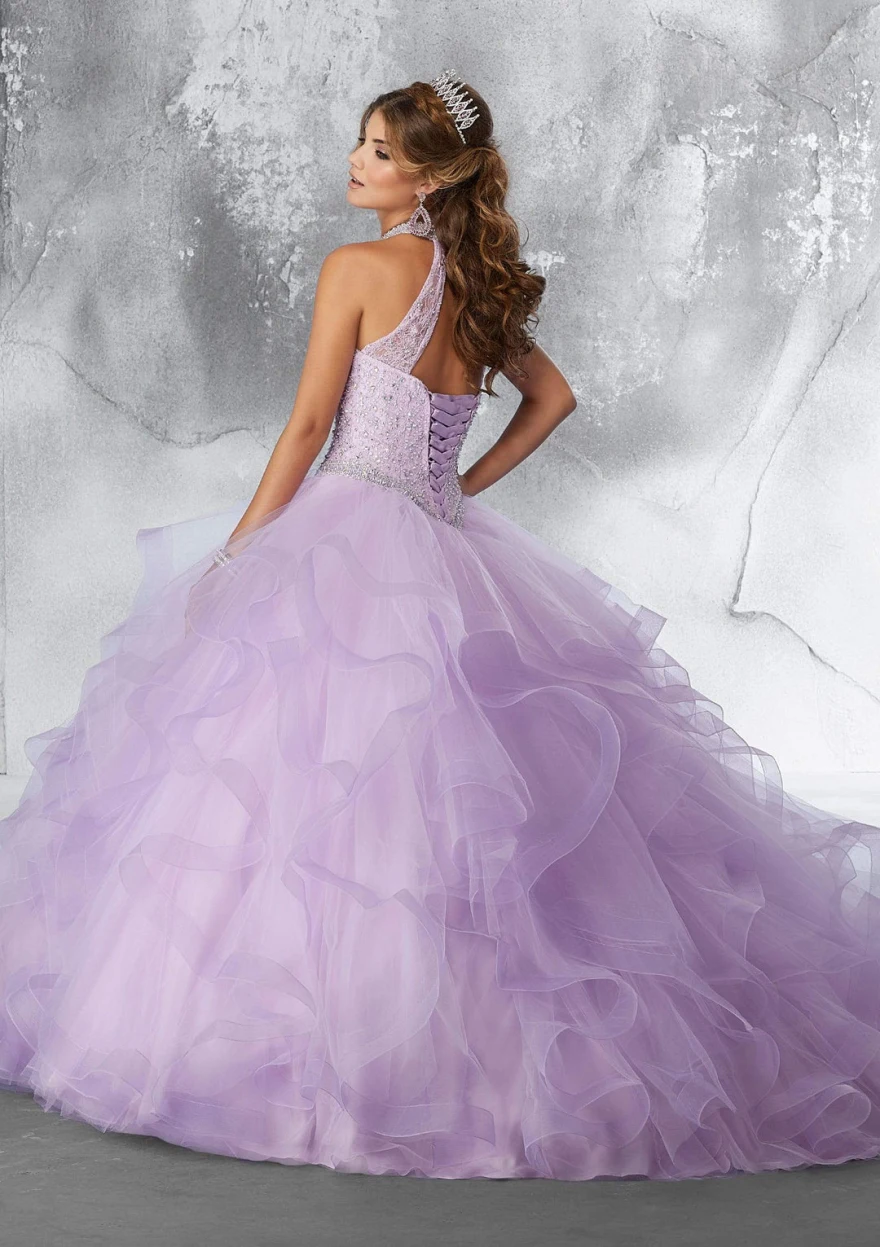 Lorencia abito Quinceanera viola collo alto 2024 Appliques abito da ballo perline Ruffles Vestidos De 15 asenos Sweet 16 Dress YQD112