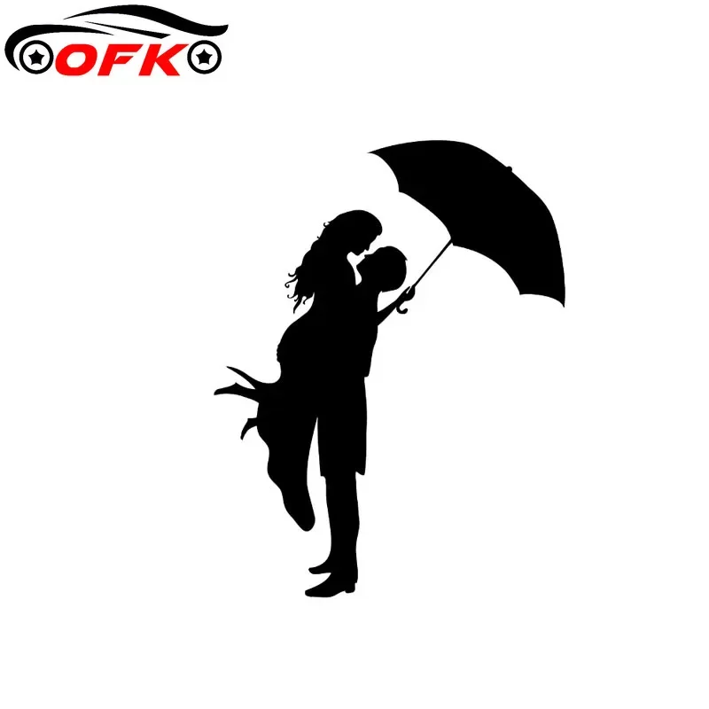 OFK Car Stickers Vinyl Decal Kissing Couple With Umbrella Romantic Love Black/Silver  13.9CM*10.7CM