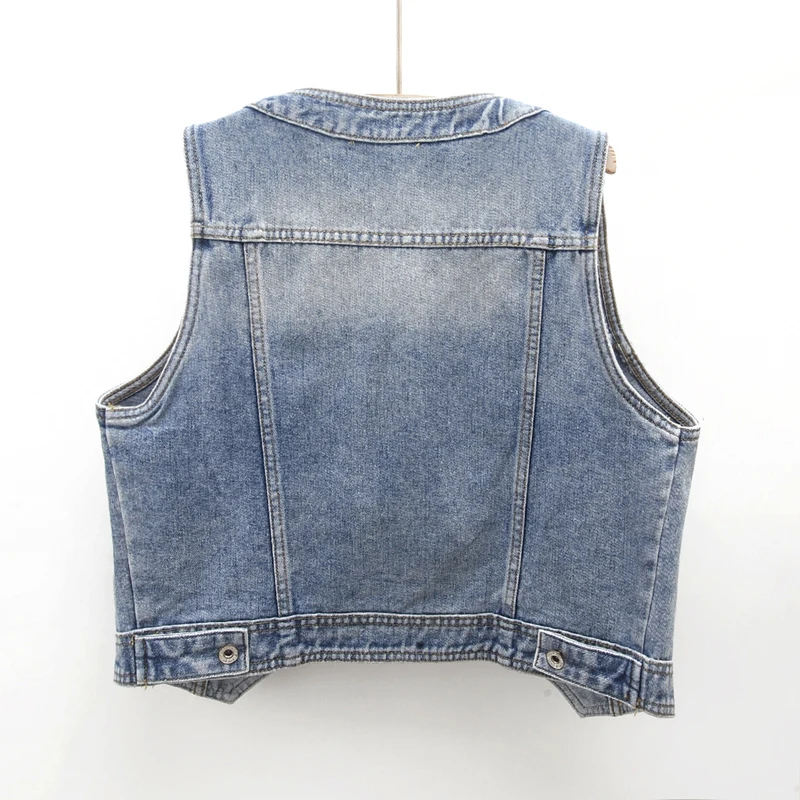 Spring Summer Vintage Blue O Collar Denim Vest Women Pocket Waistcoat Cowboy Sleeveless Jacket Slim Short Jeans Vest Coat Female