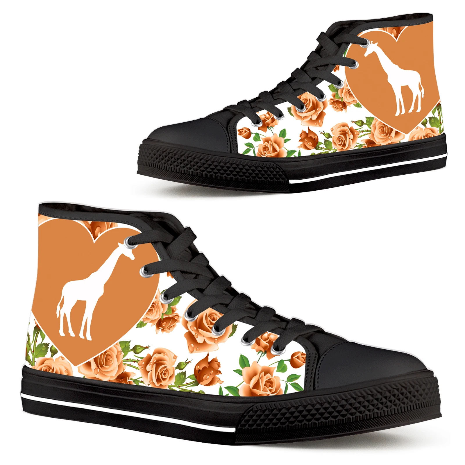 

ELVISWORDS Rose Flower Shoes Giraffe Love Designer Women's Shoes High Top Women's Vulcanized Shoes Black Canvas Sneaker Zapatos