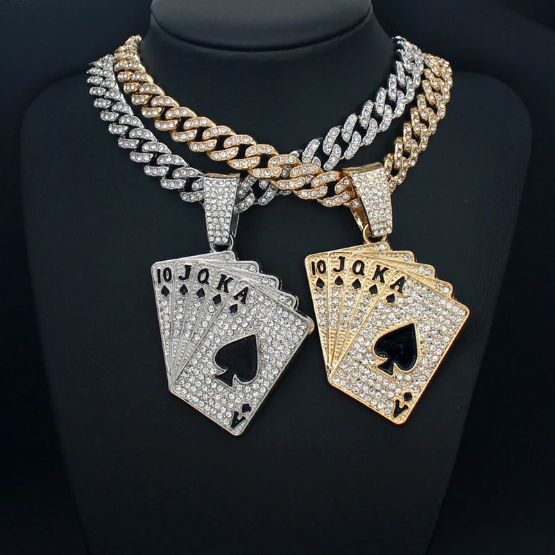Men Women Hip Hop Playing Card Poker Pendant Necklace Crystal Cuban Chain HipHop Iced Out Bling Necklaces Fashion Charm Jewelry