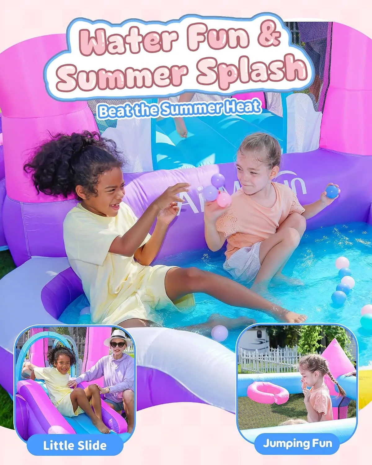 Pink Indoor/Outdoor Inflatable Bounce House for Kids 3-8 - Bouncy Castle with Slide, Blower, Water Pool & Ball Pit view 5