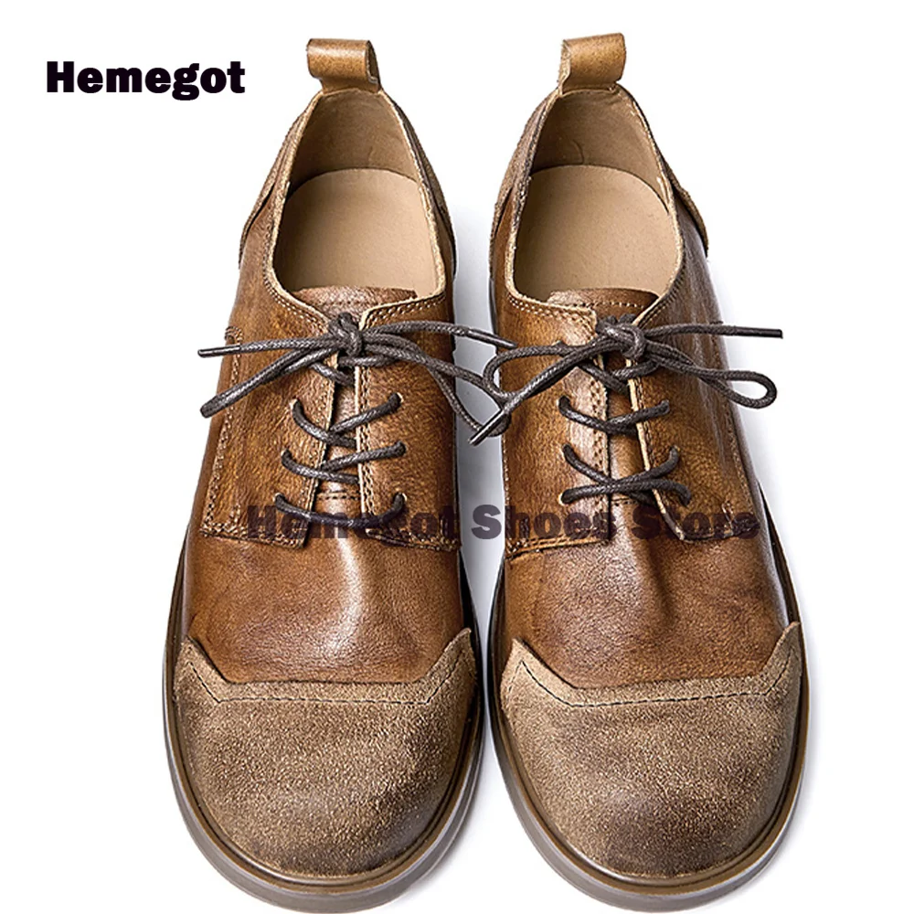 

Vintage Bicolor Handmade Men Shoes British Style Brown Leather Cowhide Men's Lace-Up Shallow Round Toe High Quality Men Shoes