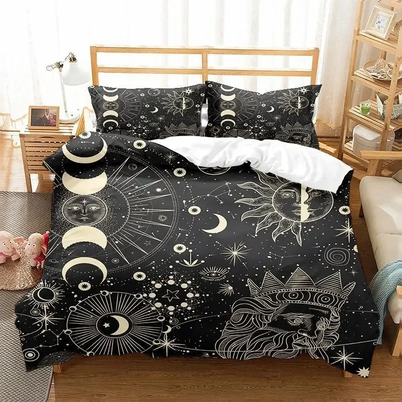 

Sun Moon Duvet Cover KingQueen Size,Galaxy Boho Exotic Bedding Set Black Gold Astrology Celestial Polyester Quilt Cover