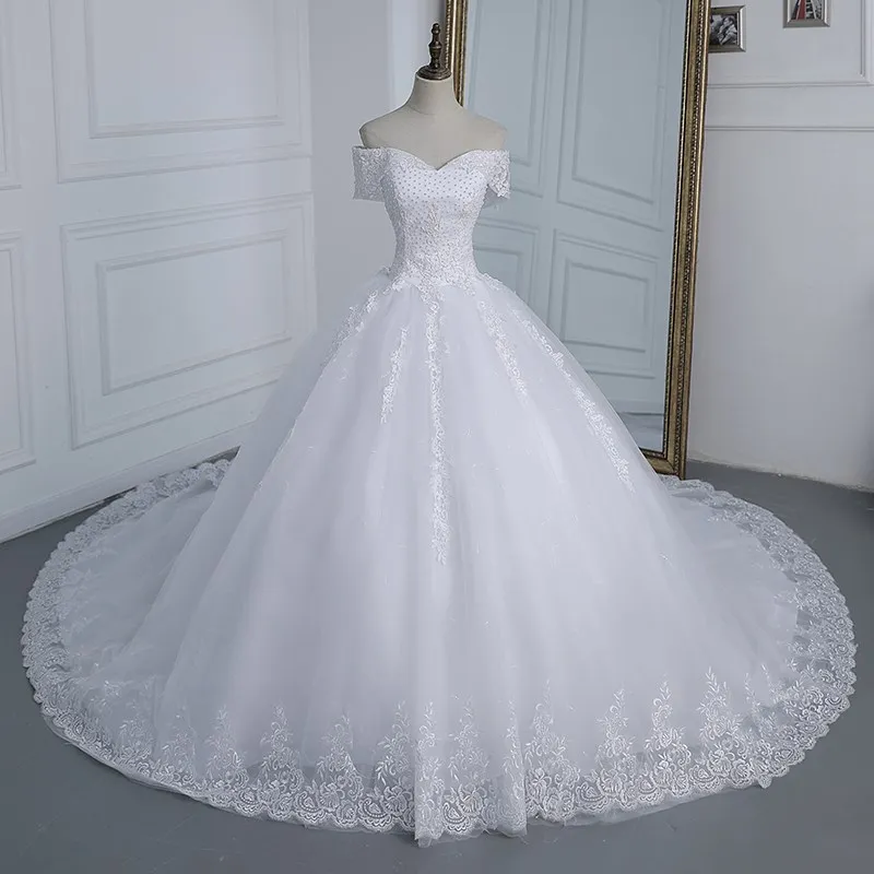 

Off Shoulder Appliqes Pearls Wedding Dress Plus Size Vestido De Noiva Long Train Bridal Dresses Gowns Tulle Mariage Customized