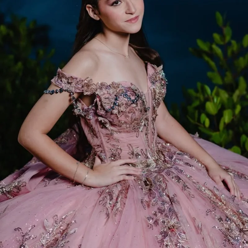 

Shiny Pink Quinceanera Dress Glitter Flower Decal Lace beading off-shoulder Long tail Bow Vestidos De 15 Quinceanera ﻿Customize