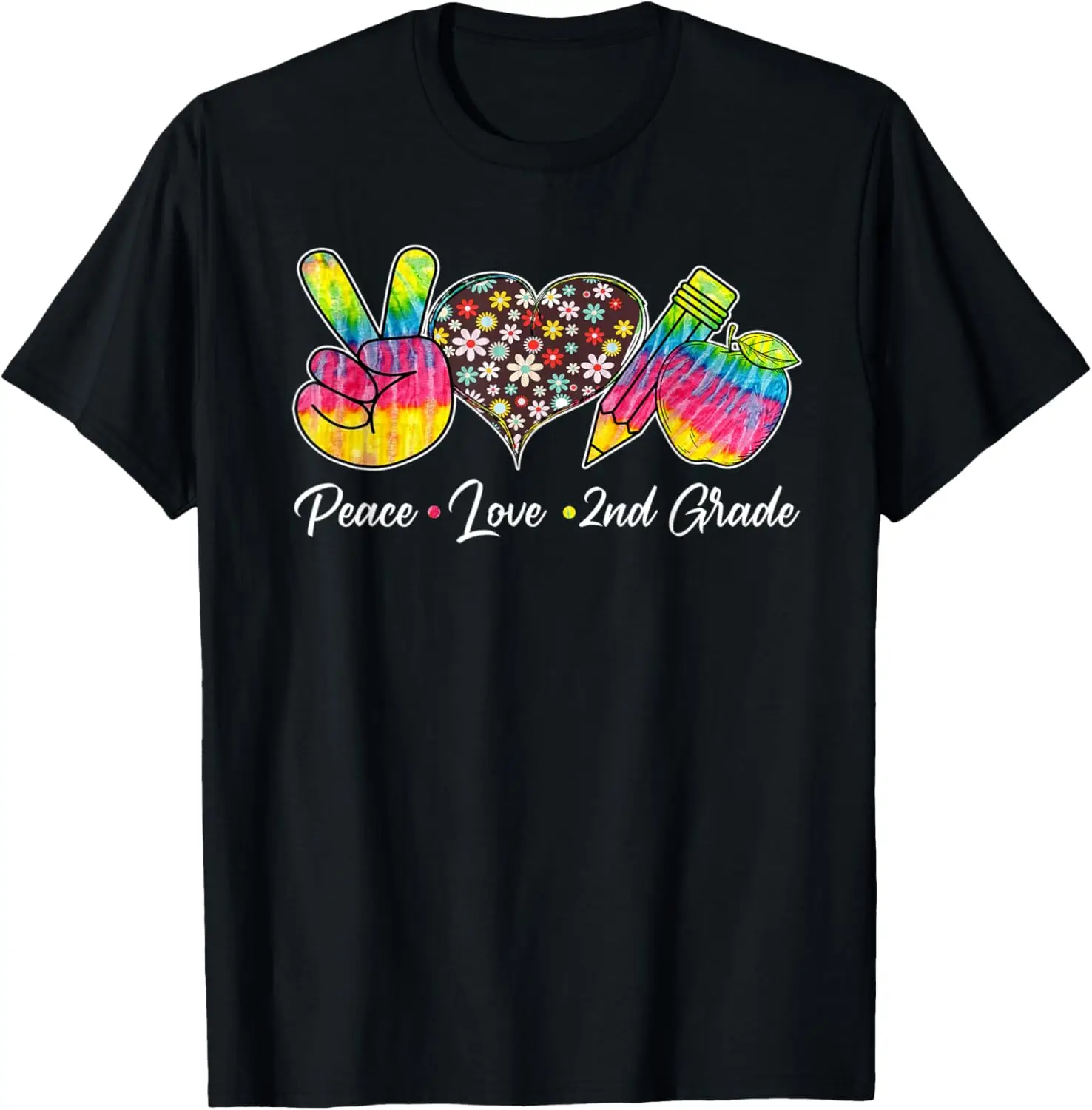 

Peace Love 2nd Grade Hippie Tie Dye Pencil Apple Teacher T-Shirt