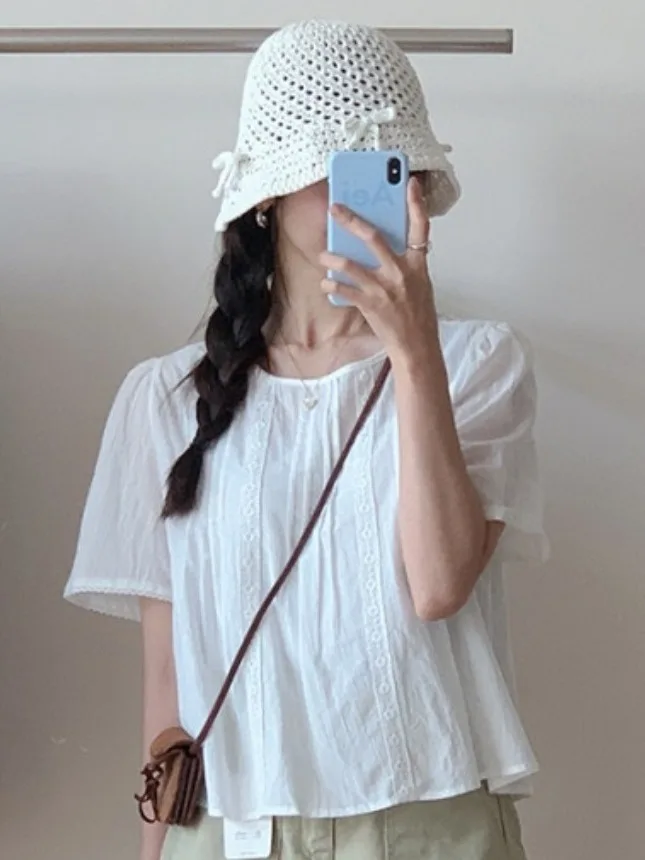 

Romantic Fre Youthful Lace Doll irt ort Sve Pleated Splicing Gentle Forest System Sweet Sle round Ne Top for Women