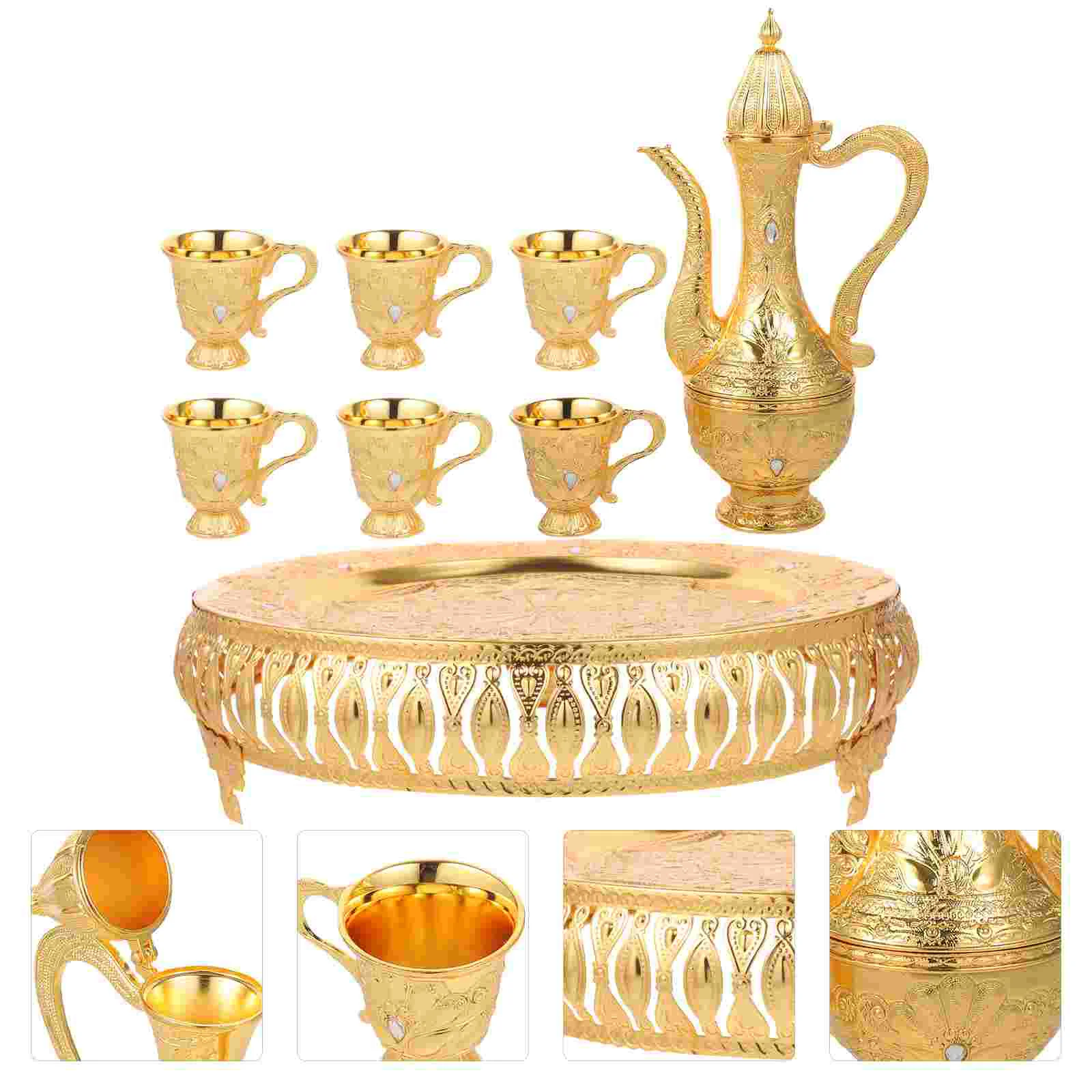 

Turkish Coffee Cup Teapot Set 6 Metal Cups Zinc Alloy Kit Exquisite Decorative Tea Serving Vintage Style Traditional Craft Easy