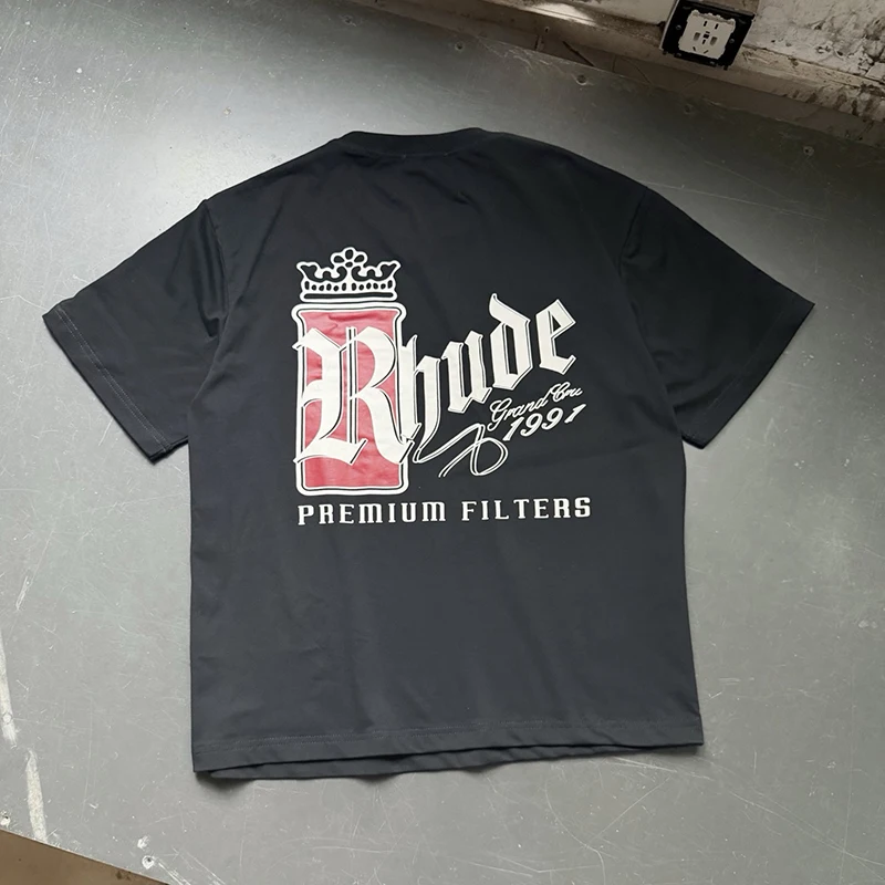 2026SS RHUDE Men's T Shirt Washed Distressed Short Sleeve Tiny Chest Crown Badge Letter Hip Hop Loose Tee