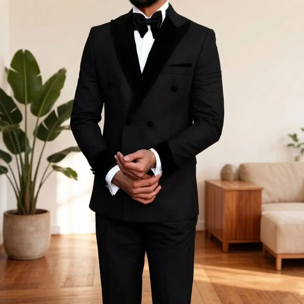 Sophisticated Black Velvet Double Breasted Suits for Men Slim Fit Wedding 2 Pieces Mix Match Separates for Banquet Party Prom