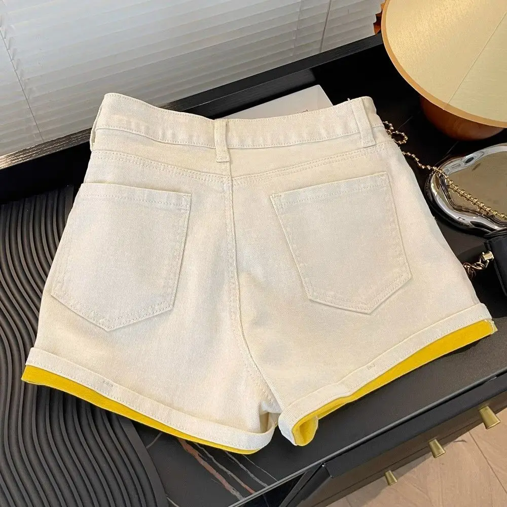 Femme Trend Pantaloncini a vita alta patchwork sexy Estate 2025 Nuovi jeans Abbigliamento donna Pantaloni a gamba larga con tasca sottile con cerniera all-match