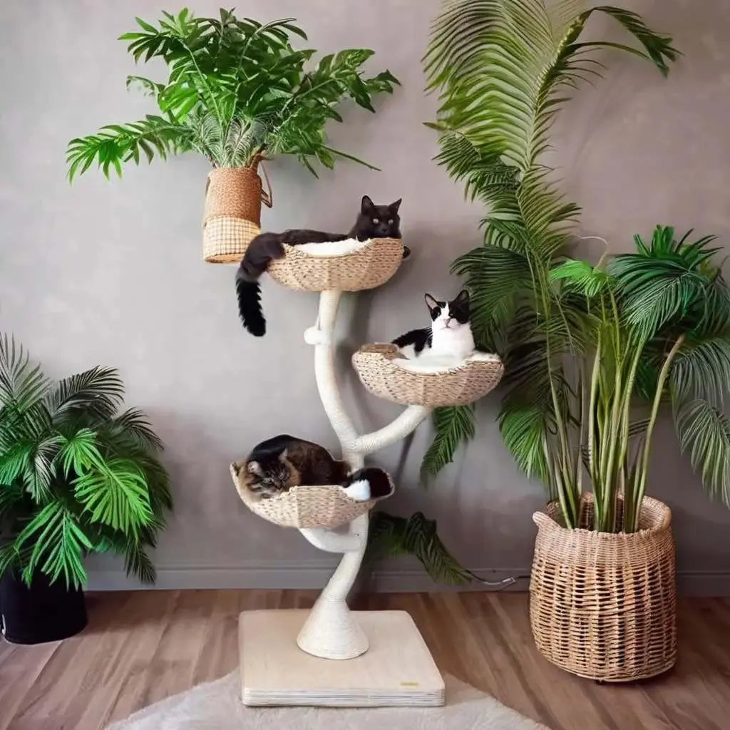 Natural Wood Cat Tree Halloween Wood Scratching Tower Bed Hammock Large Size Cats Perfect Toy Climbing Cat Tree Basket