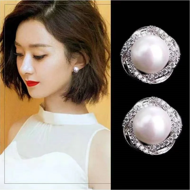 Senlissi – Damen-Ohrstecker aus 925er-Sterlingsilber mit runden Perlen, glitzernder CZ-Twist-Rahmen, eleganter Ohrschmuck für die Braut, für die tägliche Party – Detail 6