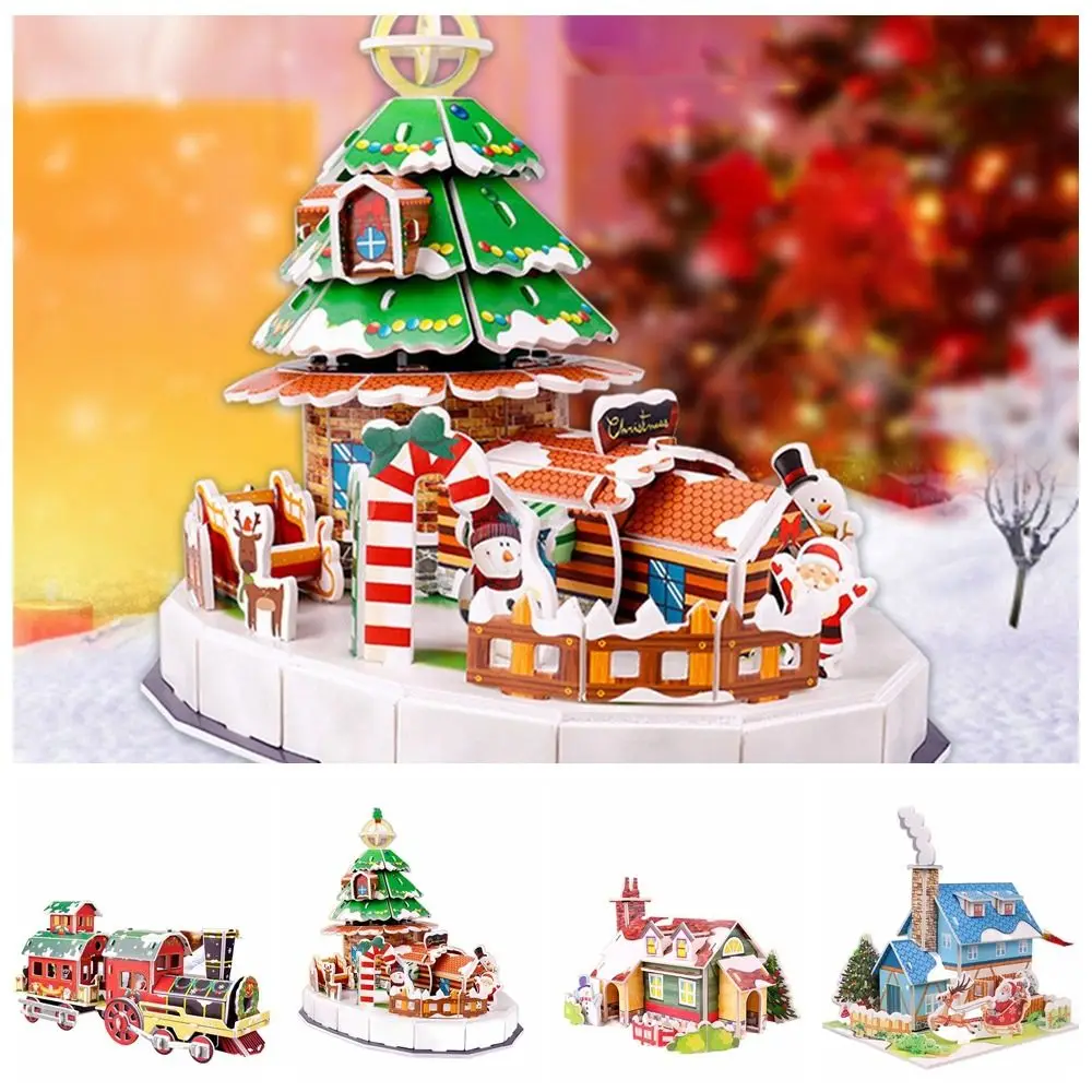 Kersthuis Kerst 3D Puzzel Kerstboom Trein Papieren Kaart Jigsaw Handgemaakte Assemblage Bouwstenen Kinderen Model Speelgoed