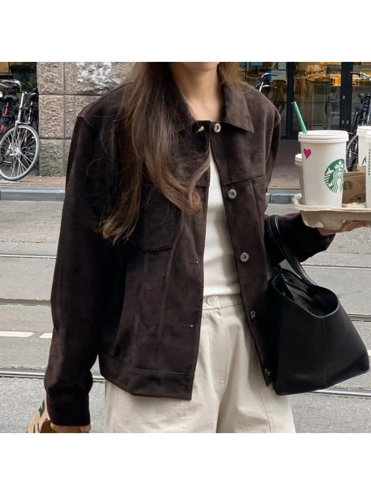 Retro Distressed Simple Commute Versatile Lapel Double Pocket Design Loose Workwear Jacket for Women Short Outerwear