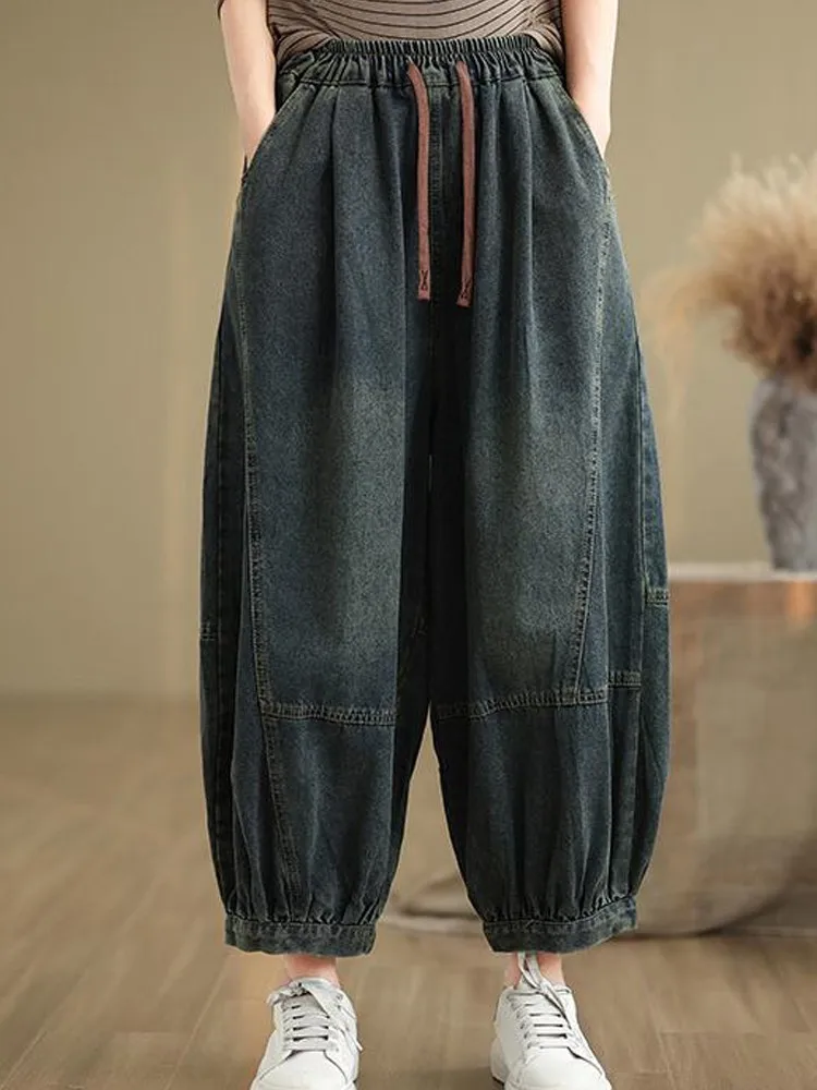 2024 Woman Fashion Solid Colors Versatile Drawstring Ankle-length Jeans Loose Straight Denim Wide-leg Pants Oversized Bloomers