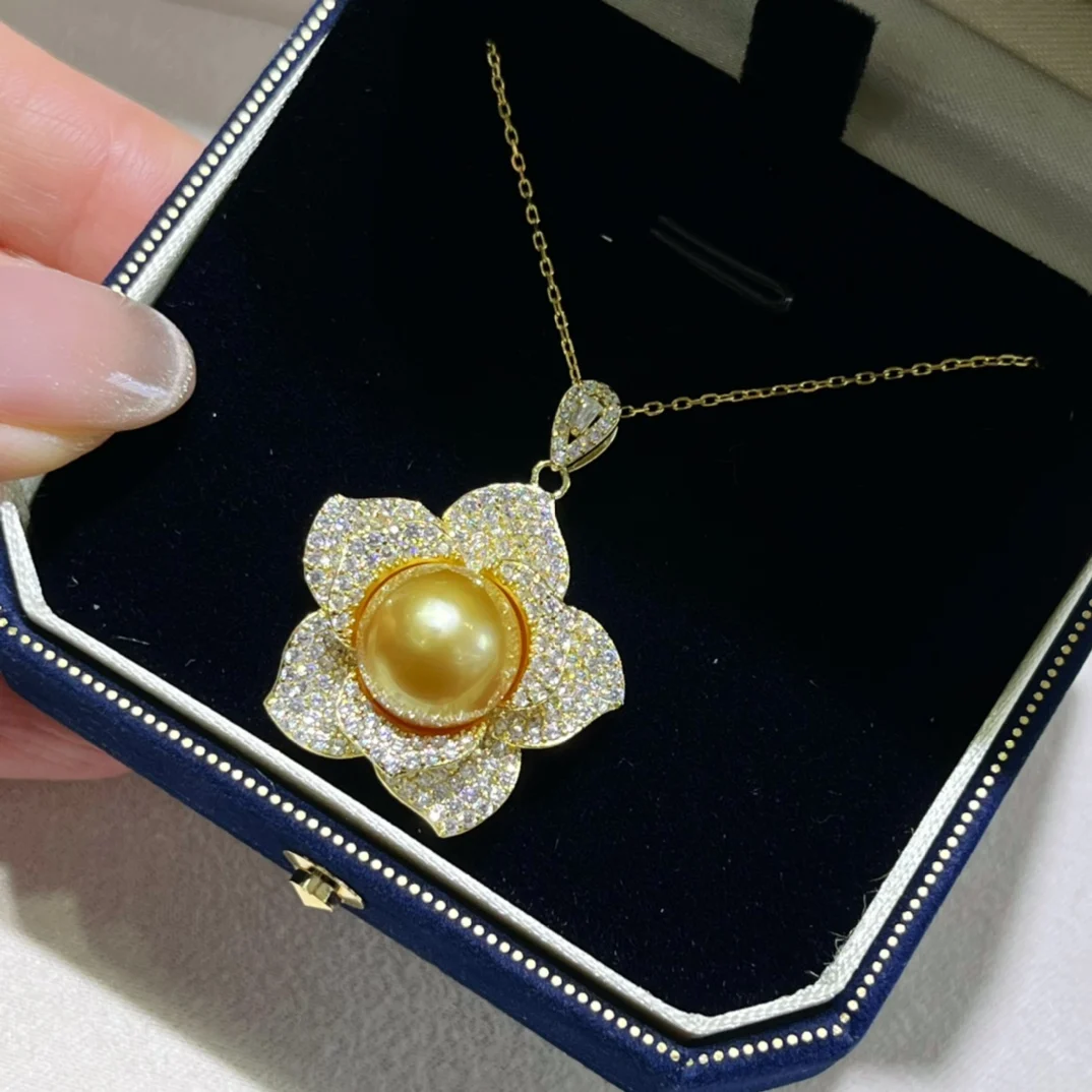 

Solid S925 Sterling Silver Round 11-12mm Sea Water Salt Water Gold Pearls Pendants Necklaces for Women Fine Presents Gifts