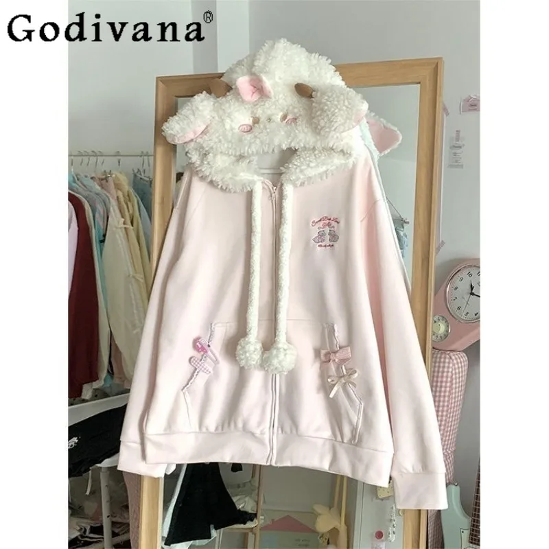 

Cute Lamb Cardigan Hooded Sweatshirt for Women Autumn Winter Loose College Style Hoodies Coat Female Japanese Lolita Sweatshirts