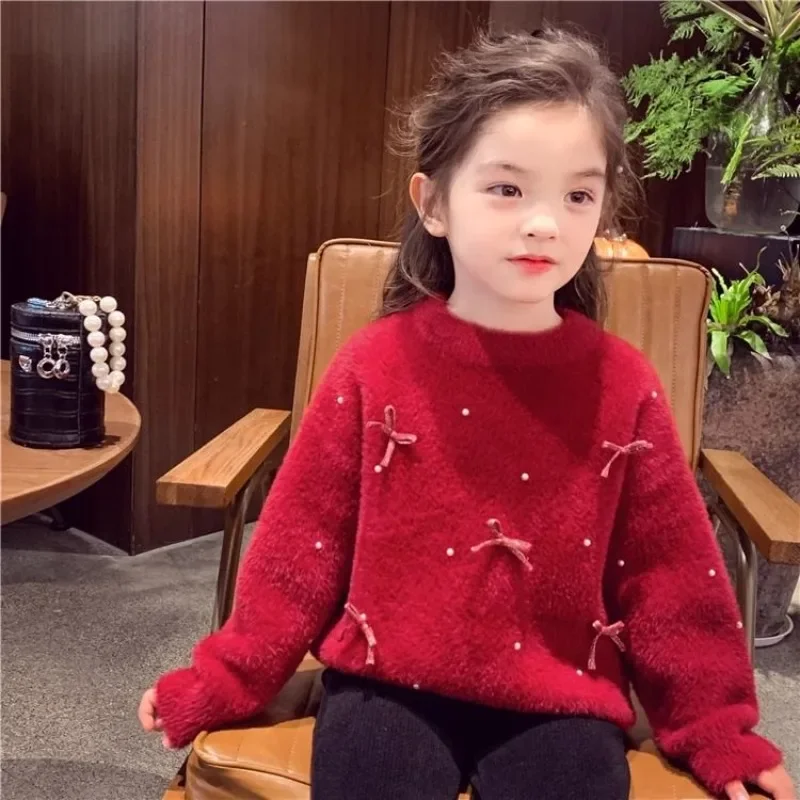 Girl's Red Plus Size Thermal Knitwear 2025 Winter New Year Sweater - Thickened Holiday Outfit for Kids,Knitted Christmas Dress