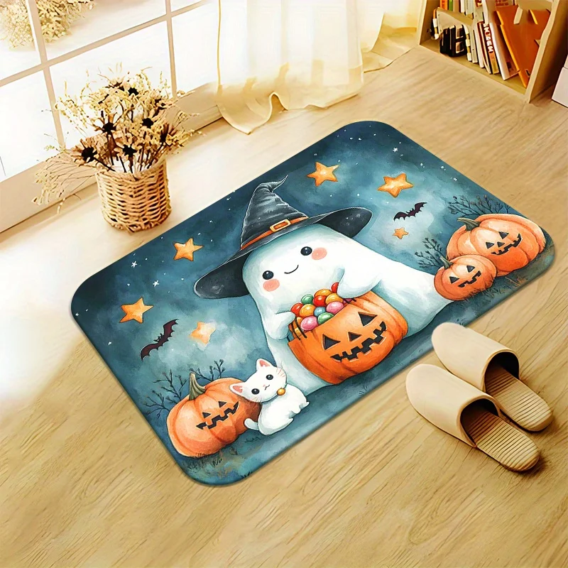 

Halloween Cartoon Ghosts, Pumpkins, Bats & Stars Pattern Non-Slip Door Mat, Absorbent Machine Washable Polyester Mat