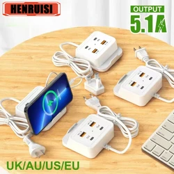 4 Ports Type C Power Strip USB Fast Charging Wall Charger For iPhone15 Samsung Xiaomi Huawei Phone Charger Quick Power Adapter