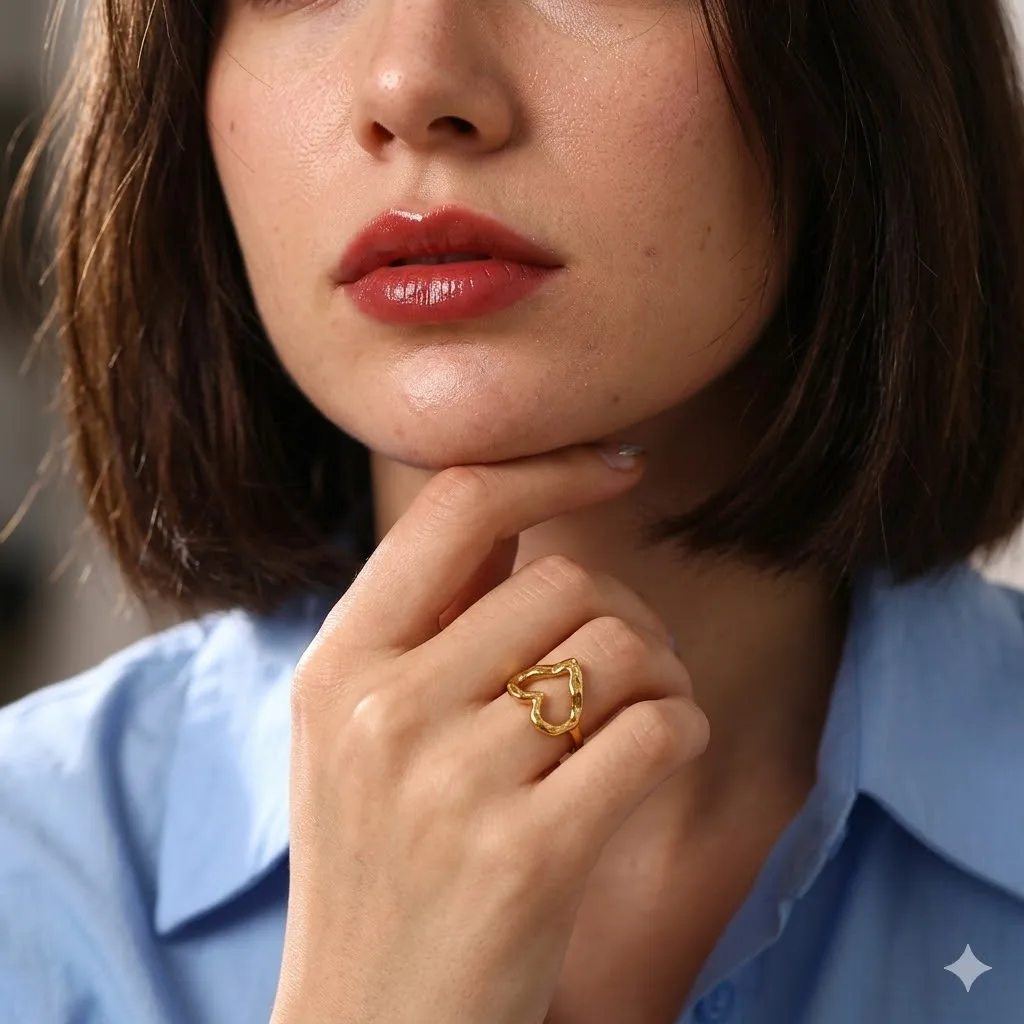 French Vintage 18K Gold Plated Puffy Heart Ring for Women Chunky Fluid Signet Rings Aesthetic Croissant Dome Jewelry Gift