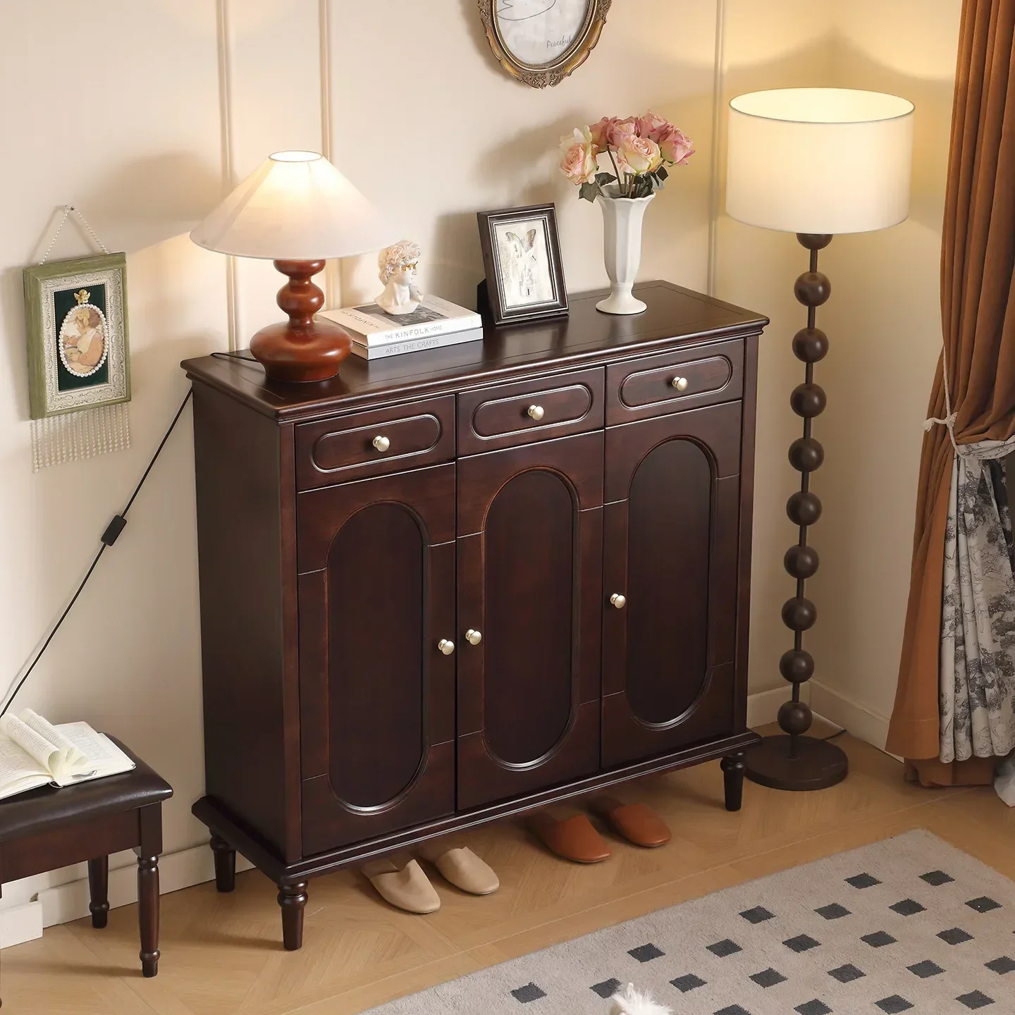 x-a  Solid Wood Shoe Cabinet Household Simple Wall Storage Locker Small Apartment Retro Rural Large-capacity Home Cabinet