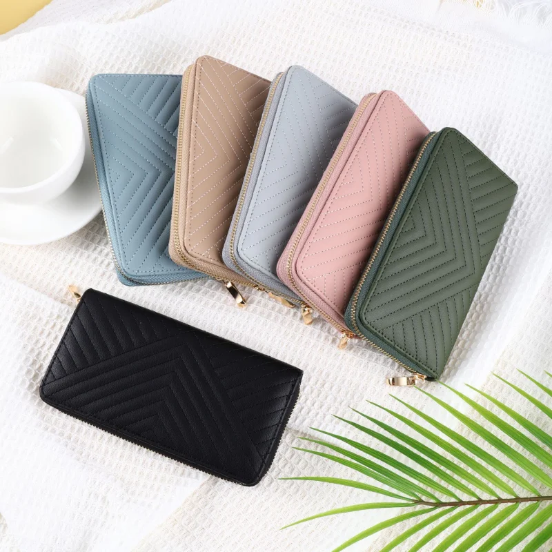 New Fashion Solid Color PU Wallet Girls Zipper Print Clutch Bag Temperament Simple Sewing Line Coin Purse Women Zipper Pocket