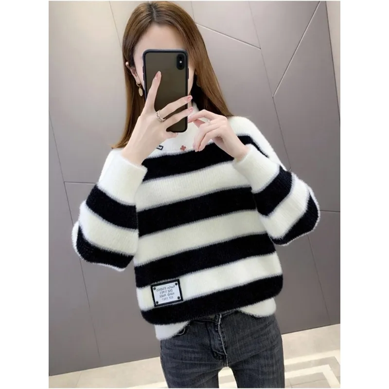 

Women's Pullover High Neck Long Sleeve Contrast Color Sweater Knitted Casual Elegant Top
