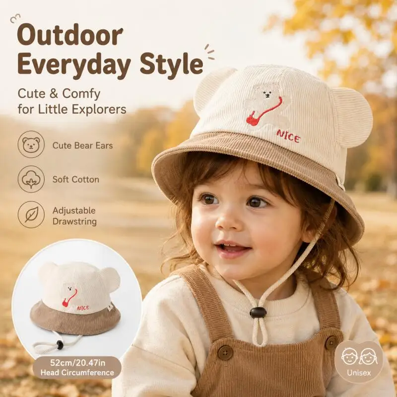 Kids Bear Ear Bucket Hat Soft Cotton Color Block Adjustable Chin Strap Autumn Sun Hat Unisex Baby Toddler Outdoor Fisherman Caps