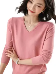 Fashion Basic  Women Merino Wool Sweater  Cashmere Pullover V-Neck Knitwear Slim Solid Collar