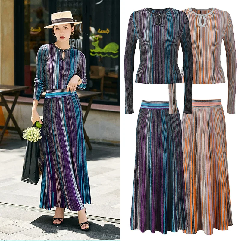 

CHUJIE 2026 Spring Summer New Elegant Color Mix Striped Knitet Dress Set, Slim - Fitting Knitted Top + Midi Skirt Two-piece Set