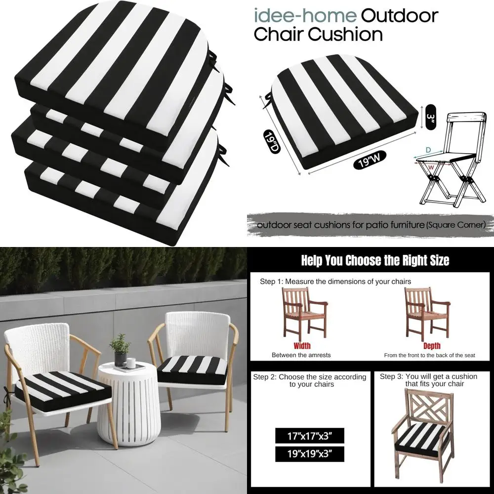 

Set of 4 Outdoor Cushions, 19 x 19 x 3 Thick, Waterproof Patio Seat Cushion with Ties, Black Striped Dining Chair Pads